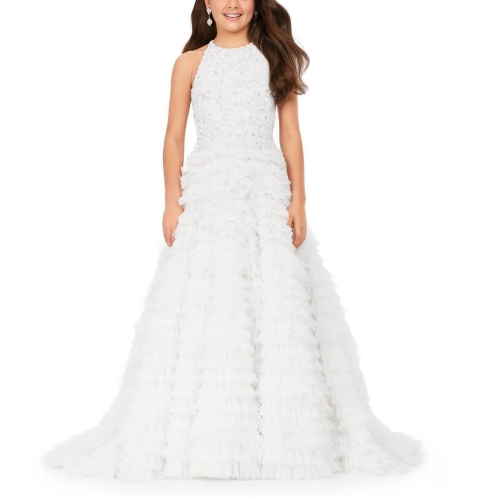 Girls' White Ruffled Halter-Style Formal Dress